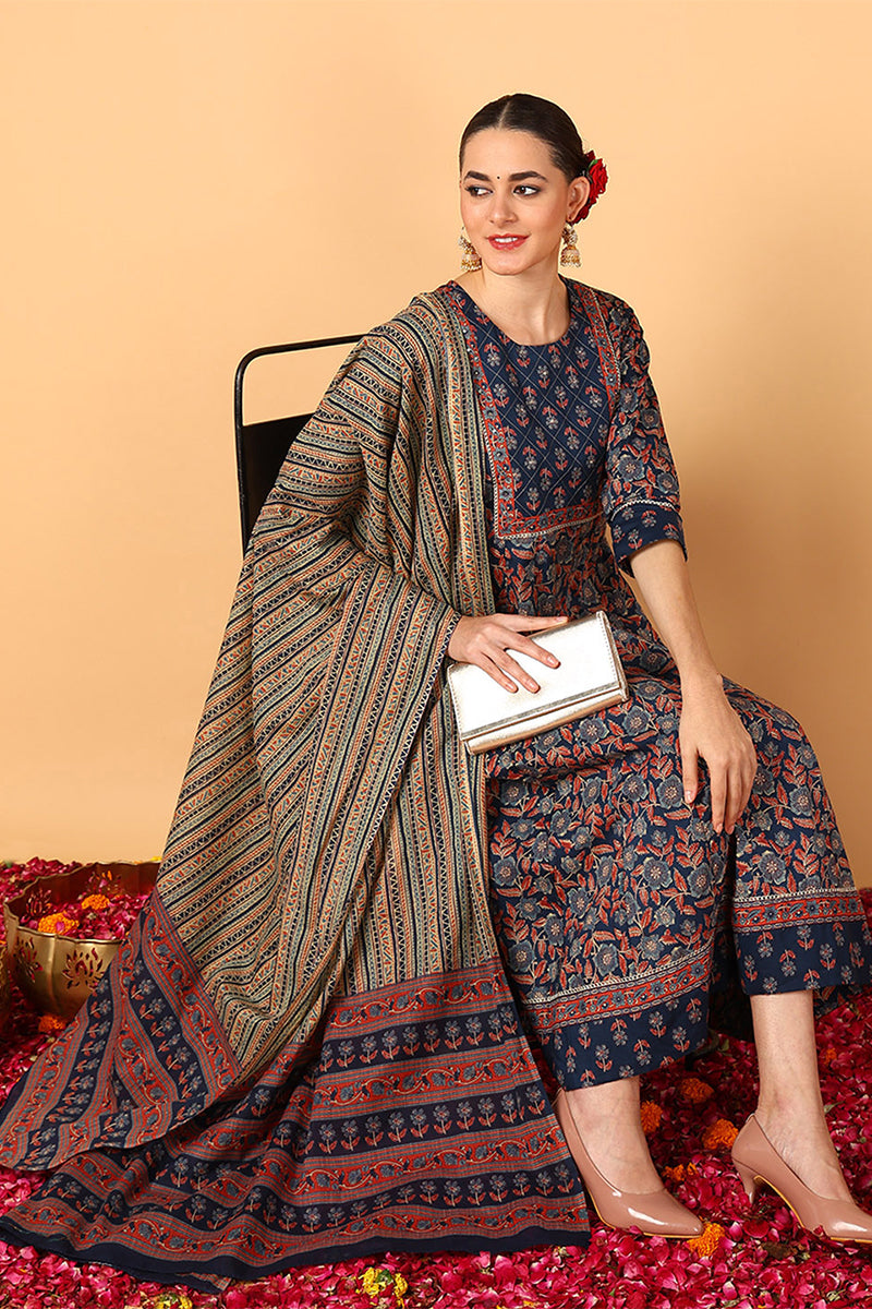Blue Pure Cotton Floral Printed Flared Style Suit Set VKSKD2110