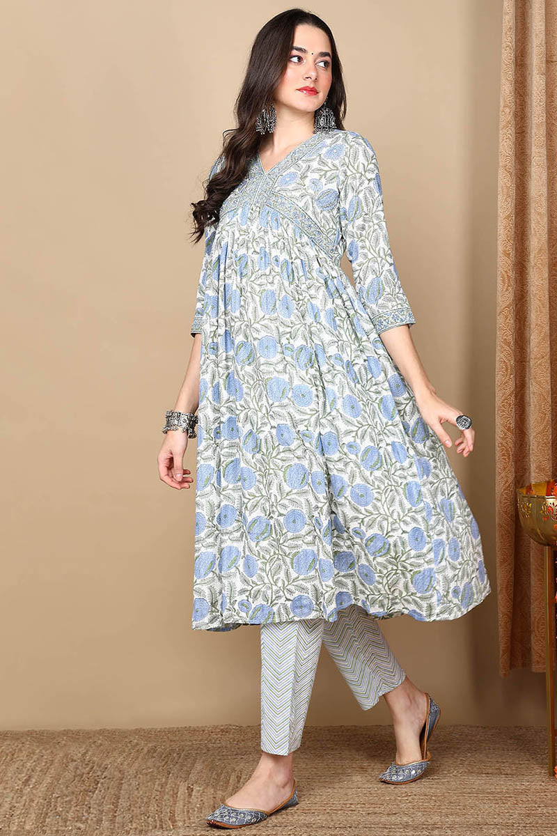 White Pure Cotton Floral Printed Flared Suit Set VKSKD2122