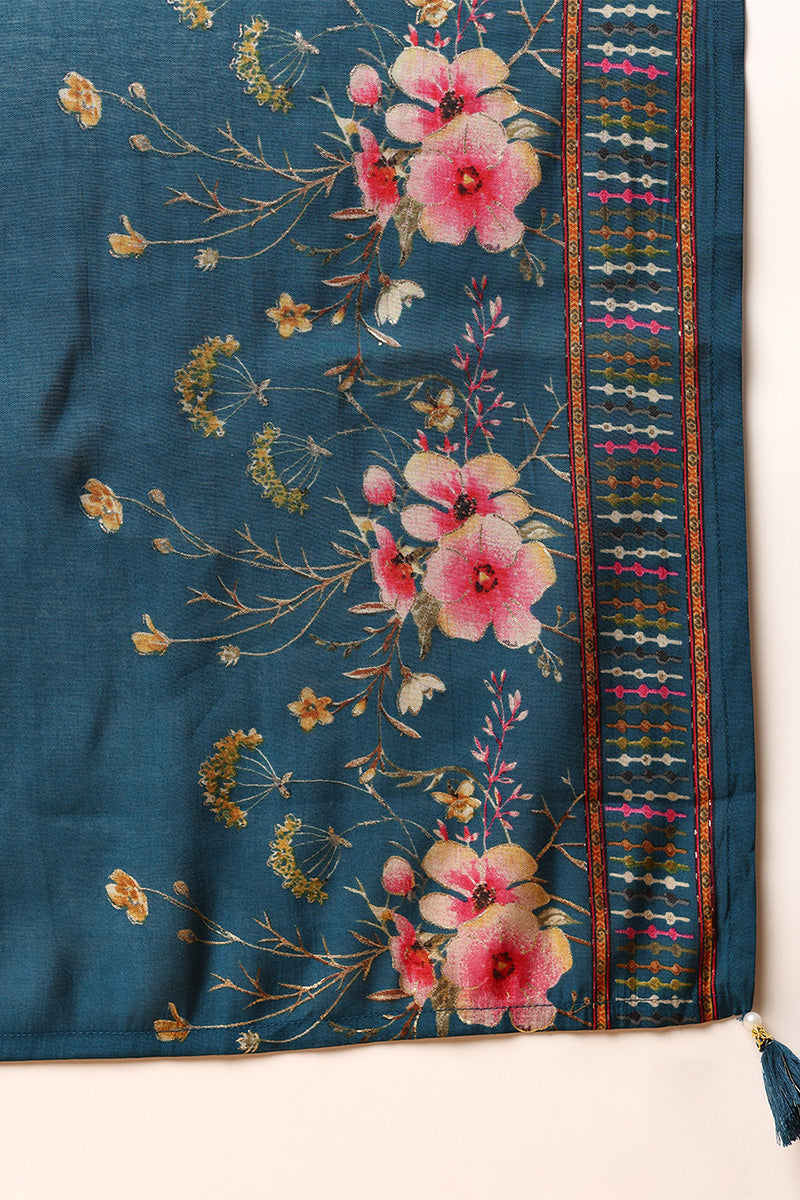 Blue Poly Chanderi Floral Printed Flared Suit Set VKSKD2124