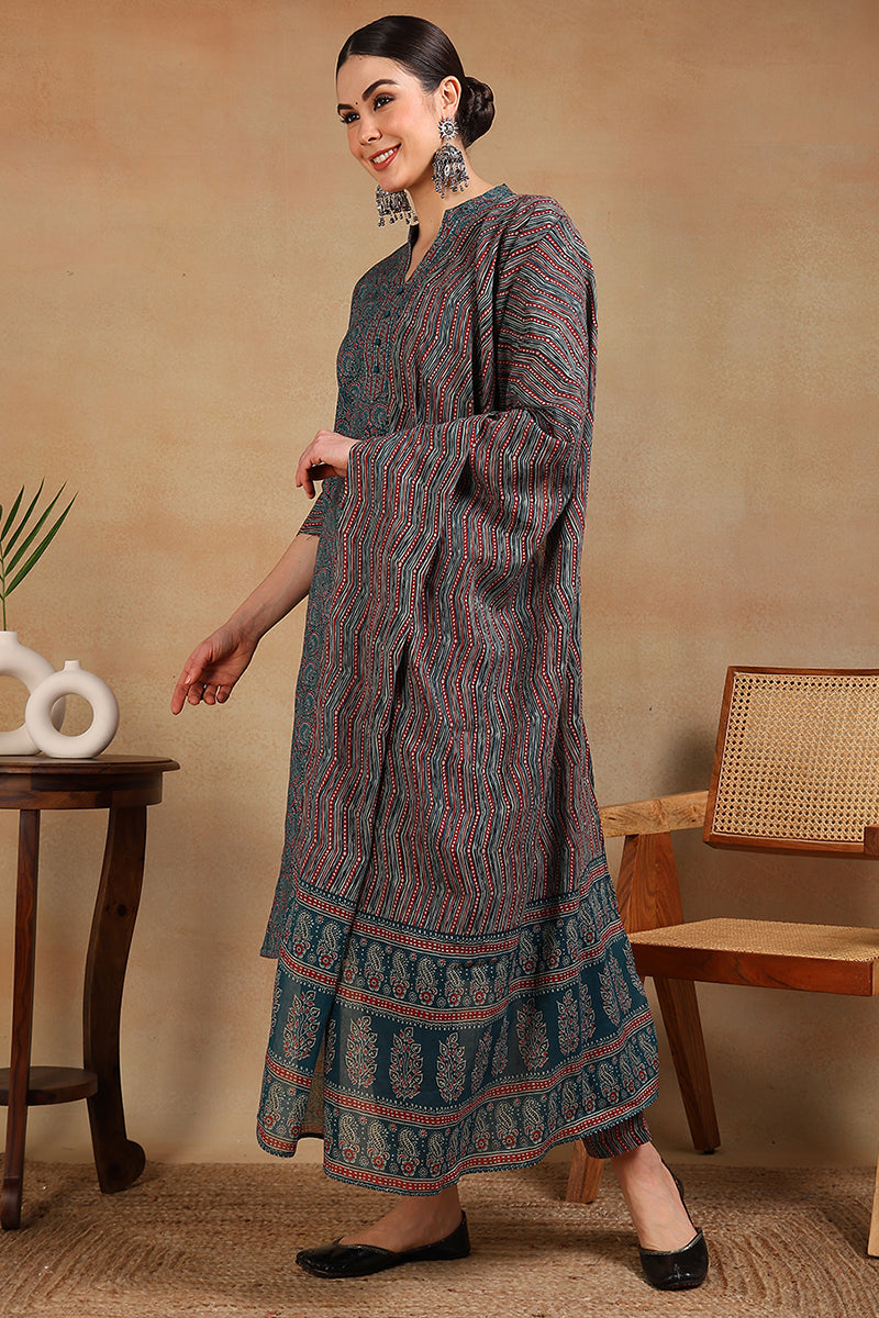 Teal Rayon Blend Ethnic Motifs Printed Straight Suit Set VKSKD2127A