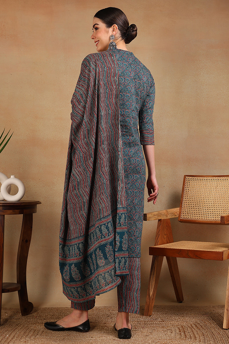 Teal Rayon Blend Ethnic Motifs Printed Straight Suit Set VKSKD2127A