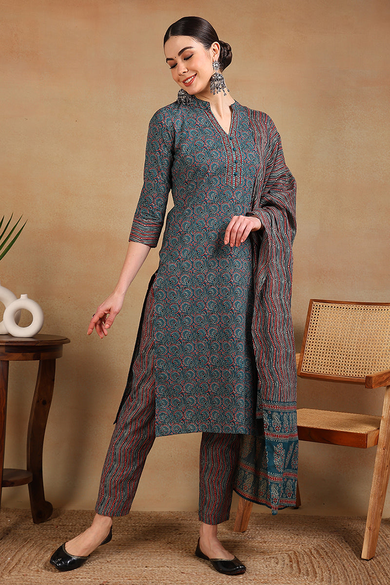 Teal Rayon Blend Ethnic Motifs Printed Straight Suit Set VKSKD2127A