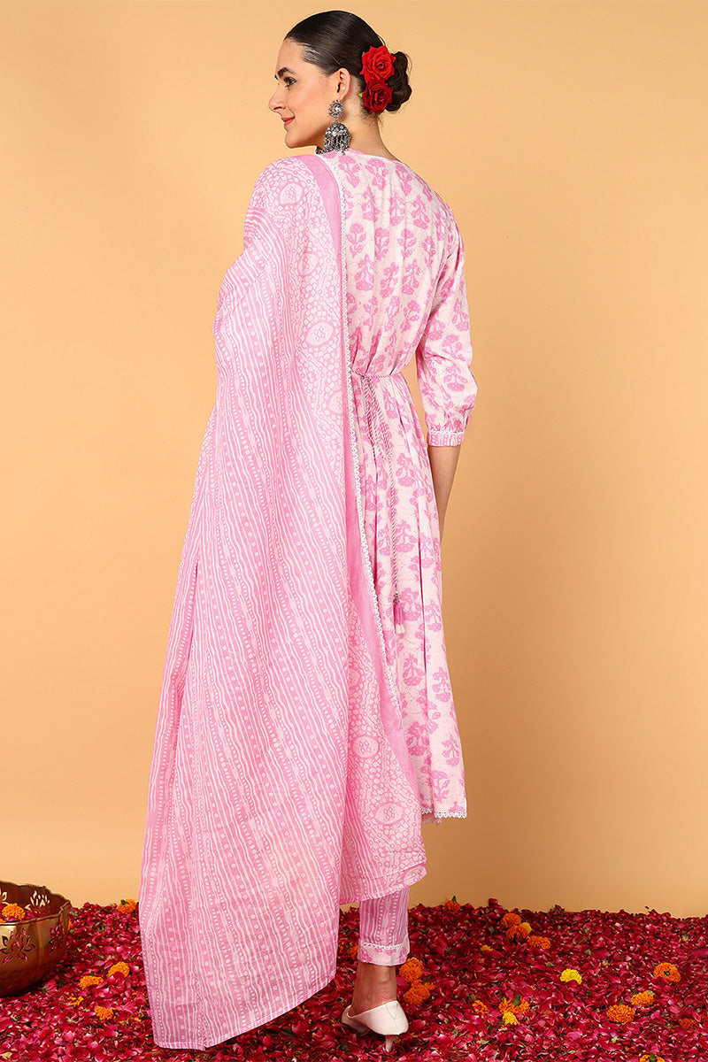 Pink Viscose Rayon Ethnic Motifs Printed Flared Suit Set VKSKD2139