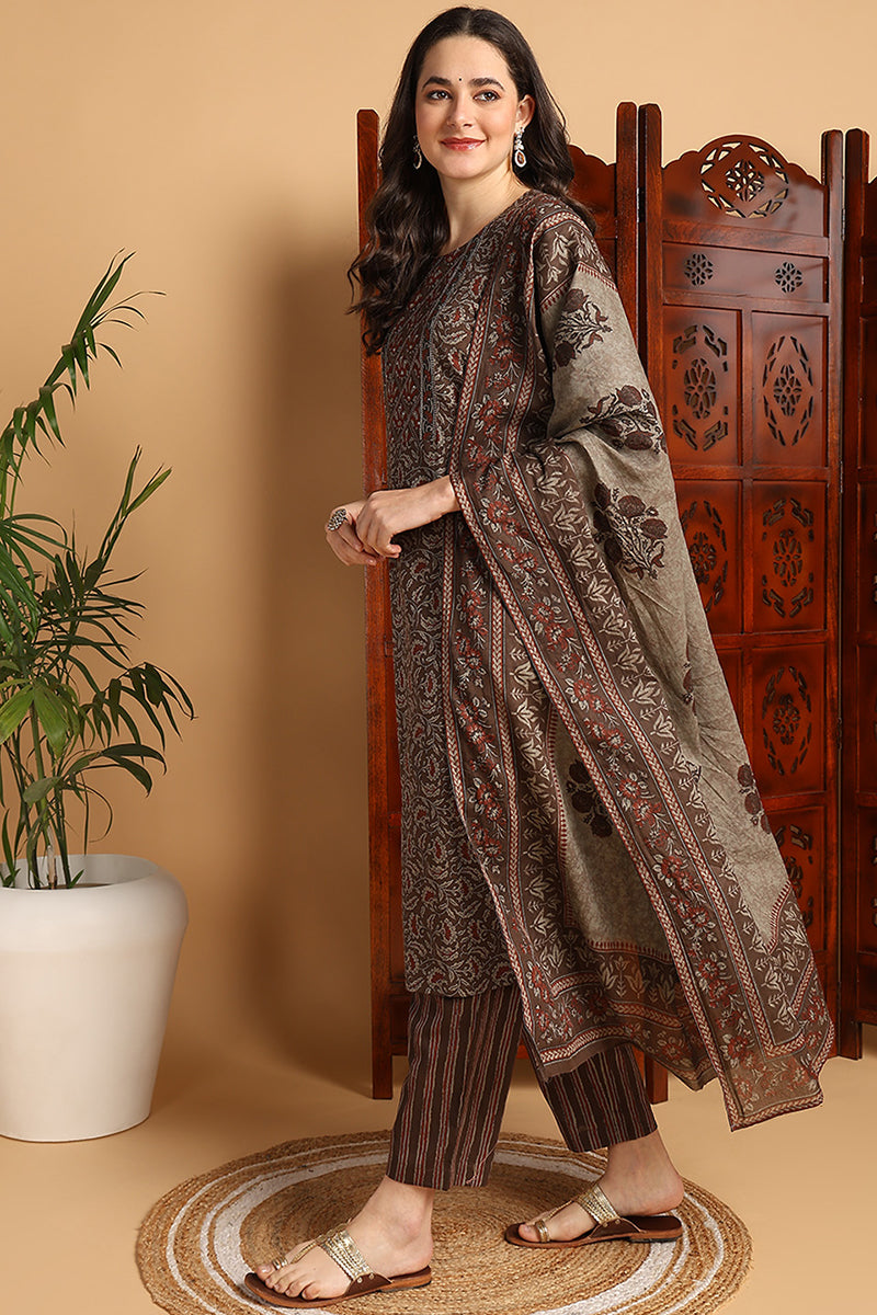 Brown Pure Cotton Floral Printed Suit Set VKSKD2146