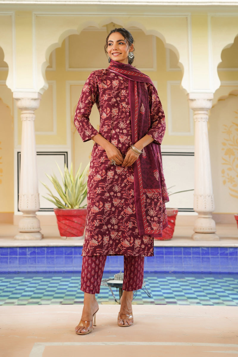 Maroon Rayon Blend Floral Printed Straight Suit Set VKSKD2149