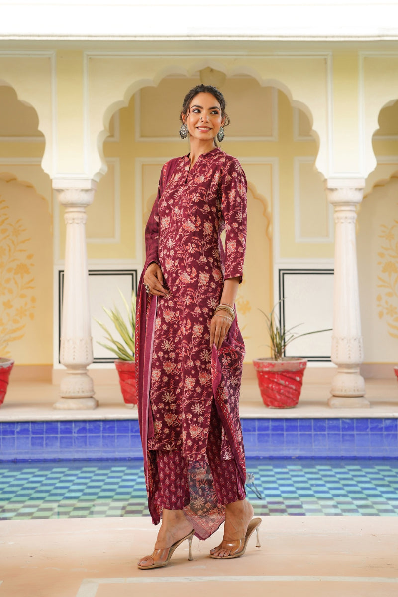 Maroon Rayon Blend Floral Printed Straight Suit Set VKSKD2149