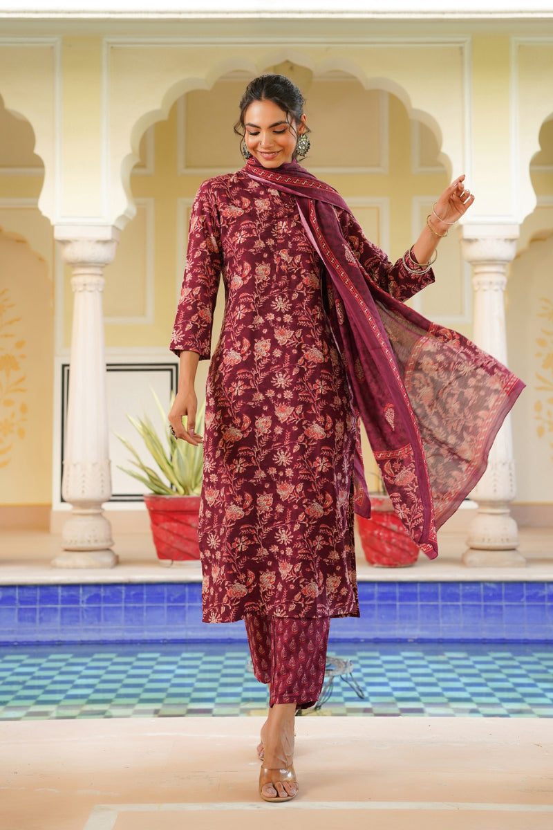 Maroon Rayon Blend Floral Printed Straight Suit Set VKSKD2149