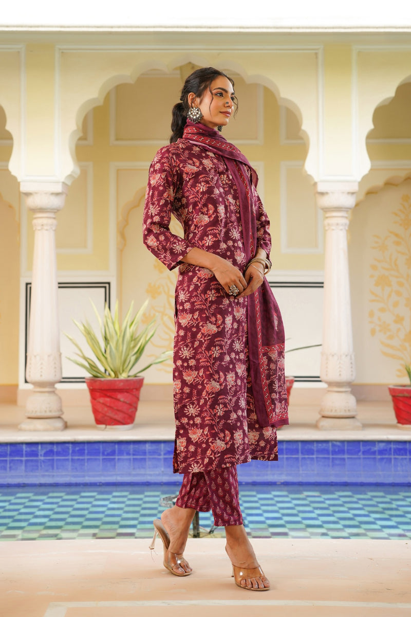 Maroon Rayon Blend Floral Printed Straight Suit Set VKSKD2149