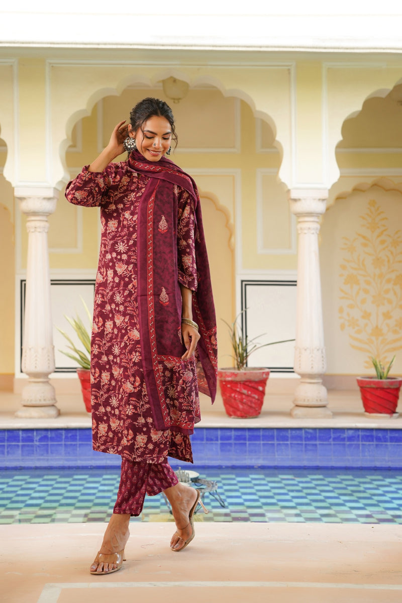 Maroon Rayon Blend Floral Printed Straight Suit Set VKSKD2149