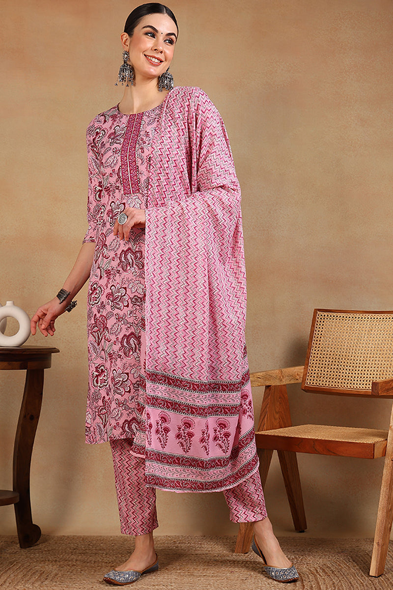 Pink Rayon Blend Floral Printed Straight Suit Set VKSKD2168