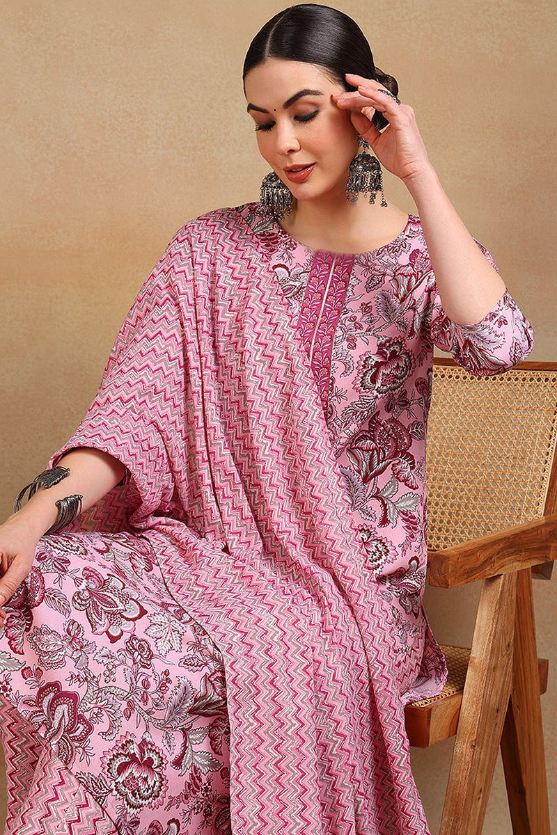 Pink Cotton Blend Floral Printed Straight Suit Set VKSKD2168