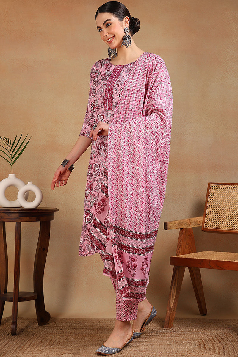 Pink Cotton Blend Floral Printed Straight Suit Set VKSKD2168