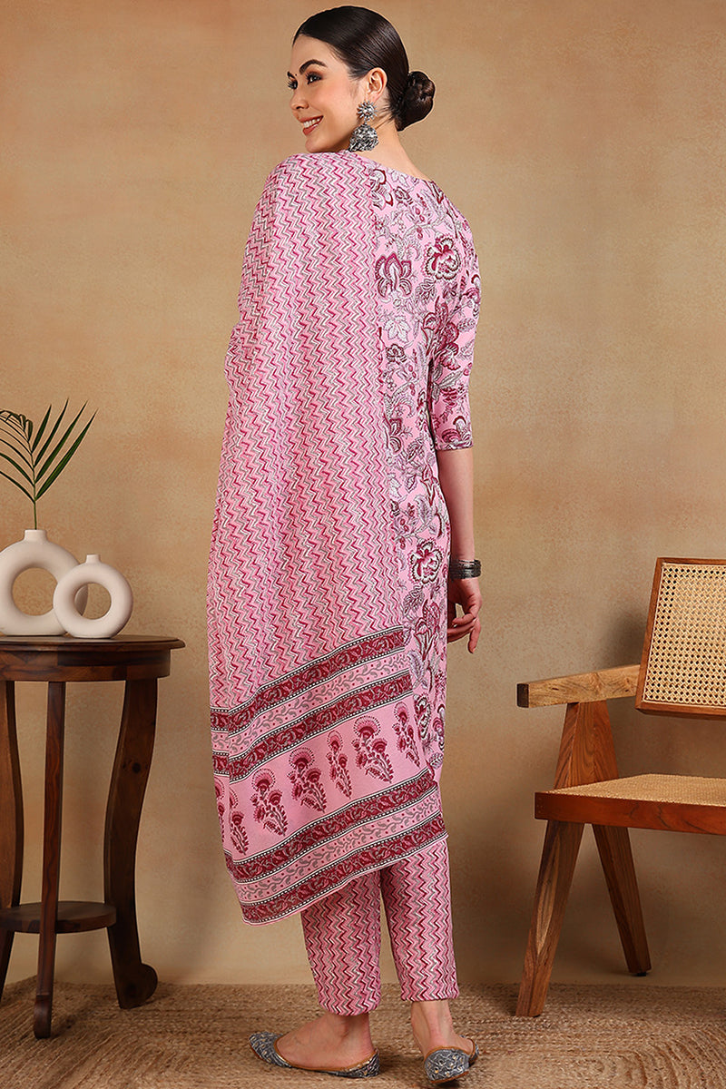 Pink Cotton Blend Floral Printed Straight Suit Set VKSKD2168