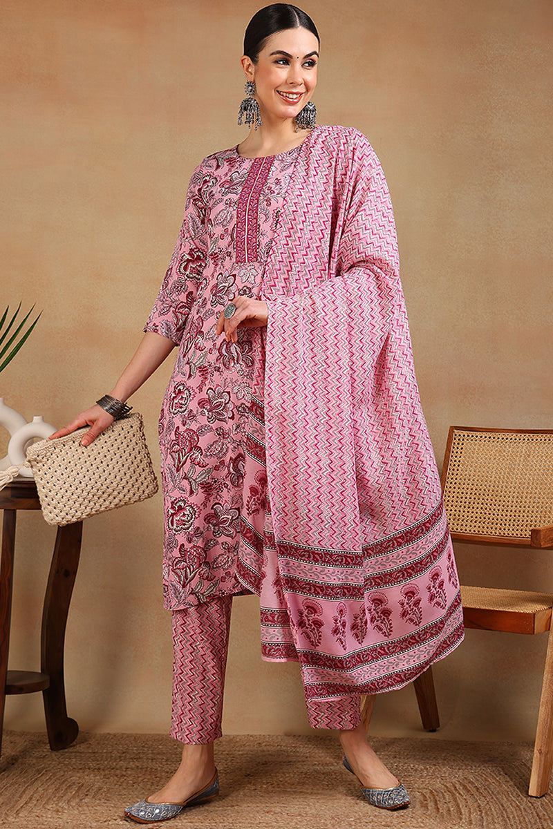 Pink Cotton Blend Floral Printed Straight Suit Set VKSKD2168