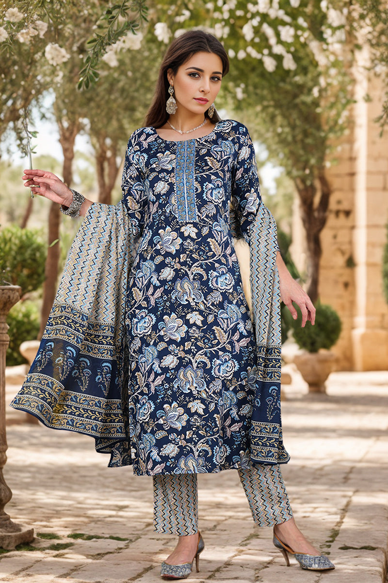 Blue Rayon Blend Floral Printed Straight Suit Set VKSKD2169