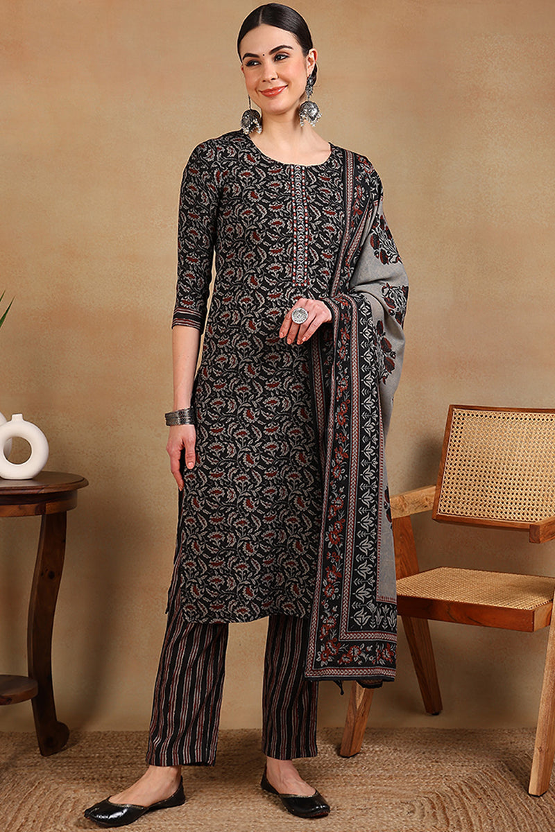 Black Viscose Rayon Floral Embroidered Straight Suit Set VKSKD2180