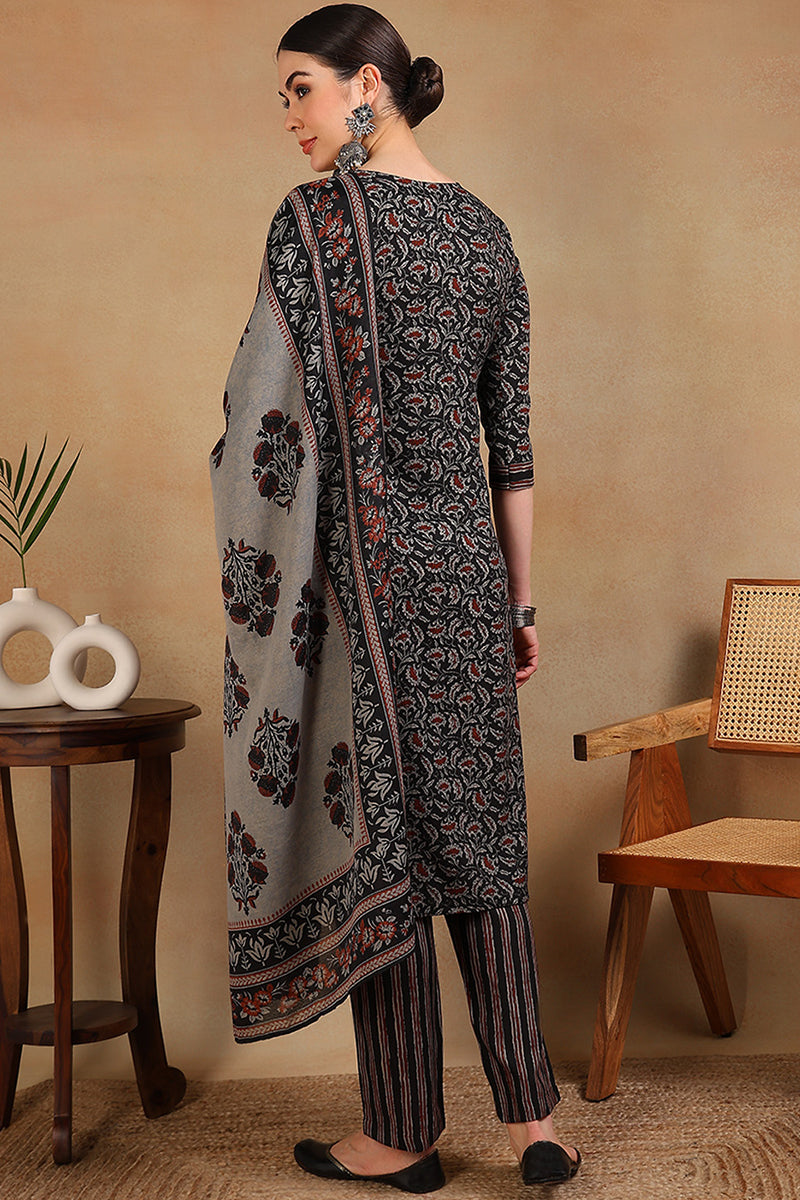 Black Viscose Rayon Floral Embroidered Straight Suit Set VKSKD2180