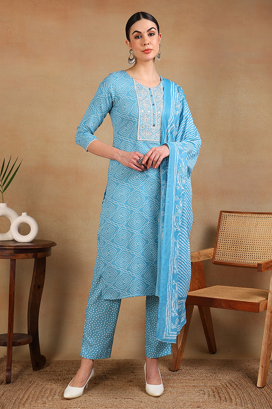 Blue Viscose Rayon Bandhani Embroidered Straight Suit Set VKSKD2183