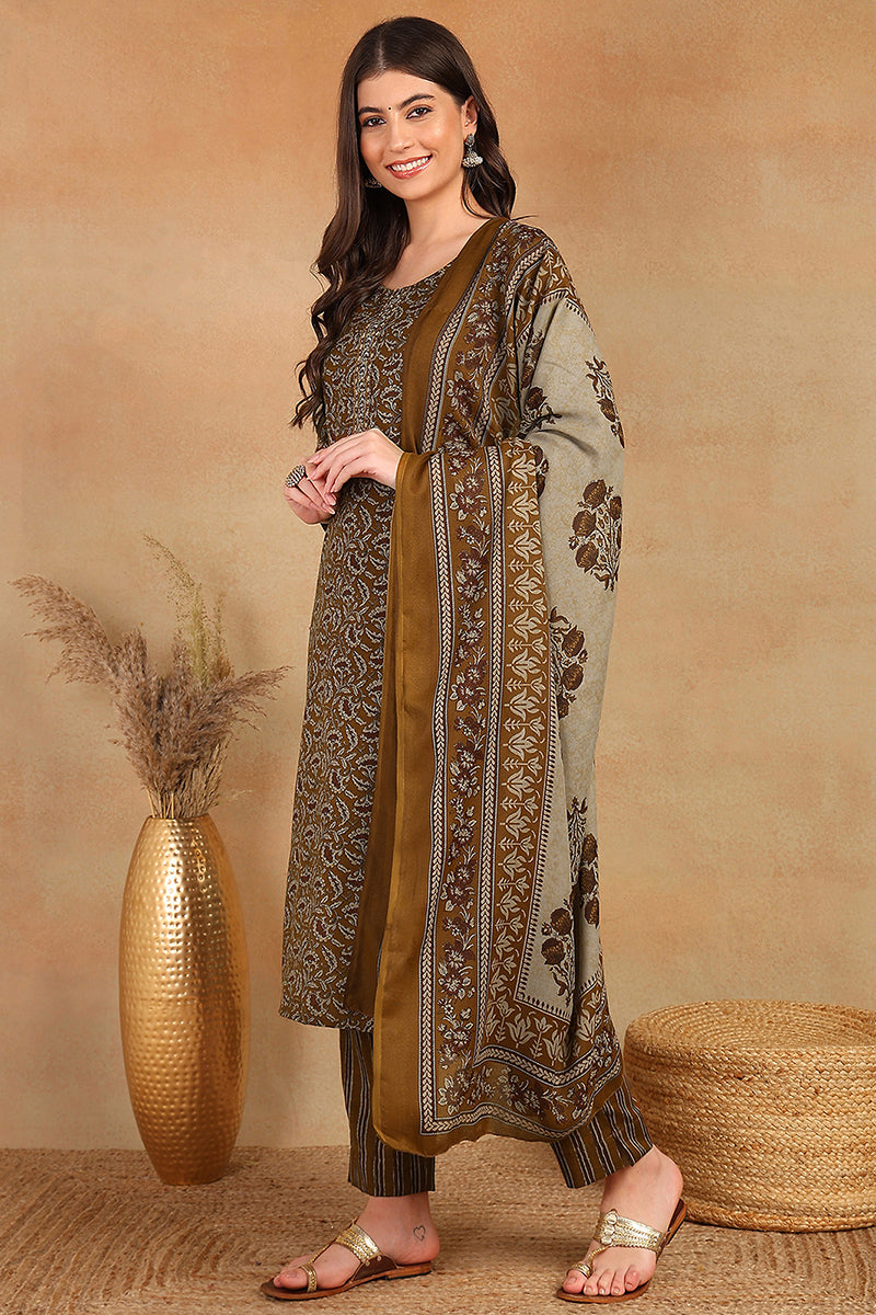 Brown Cotton Blend Ethnic Motifs Printed Straight Trouser Suit Set VKSKD2216BRN
