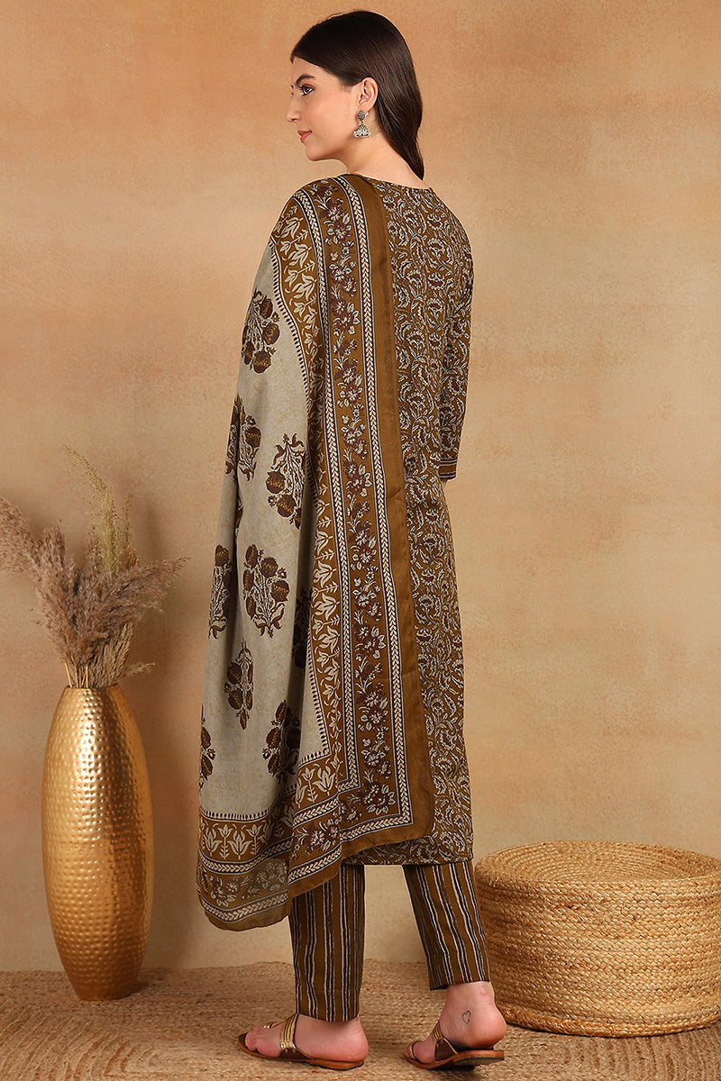 Brown Cotton Blend Ethnic Motifs Printed Straight Trouser Suit Set VKSKD2216BRN