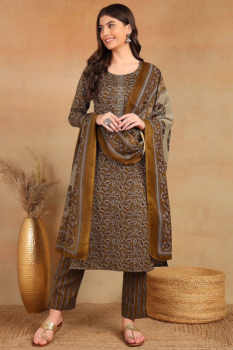 Brown Cotton Blend Ethnic Motifs Printed Straight Trouser Suit Set VKSKD2216BRN