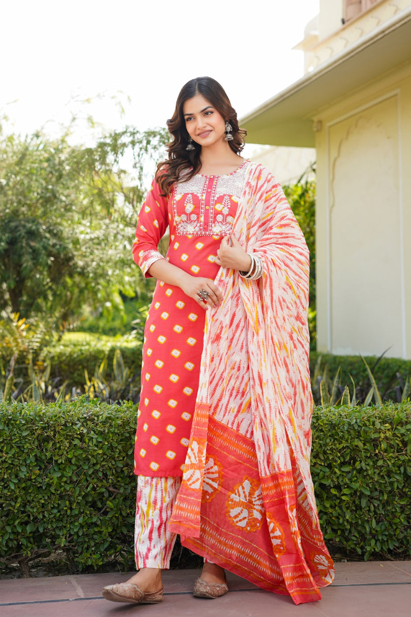 Orange Rayon Blend Bandhani Embroidered Straight Trouser Bottom Suit Set VKSKD2230