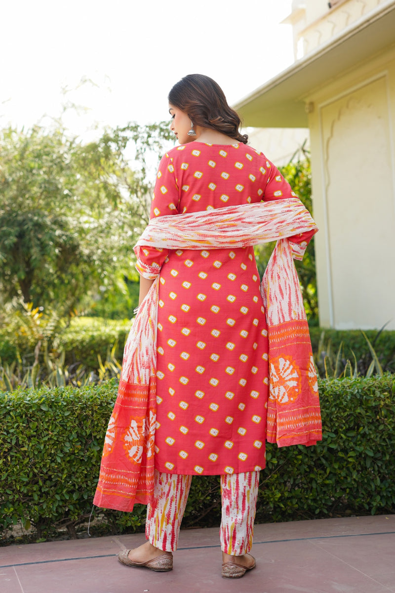 Orange Rayon Blend Bandhani Embroidered Straight Trouser Bottom Suit Set VKSKD2230