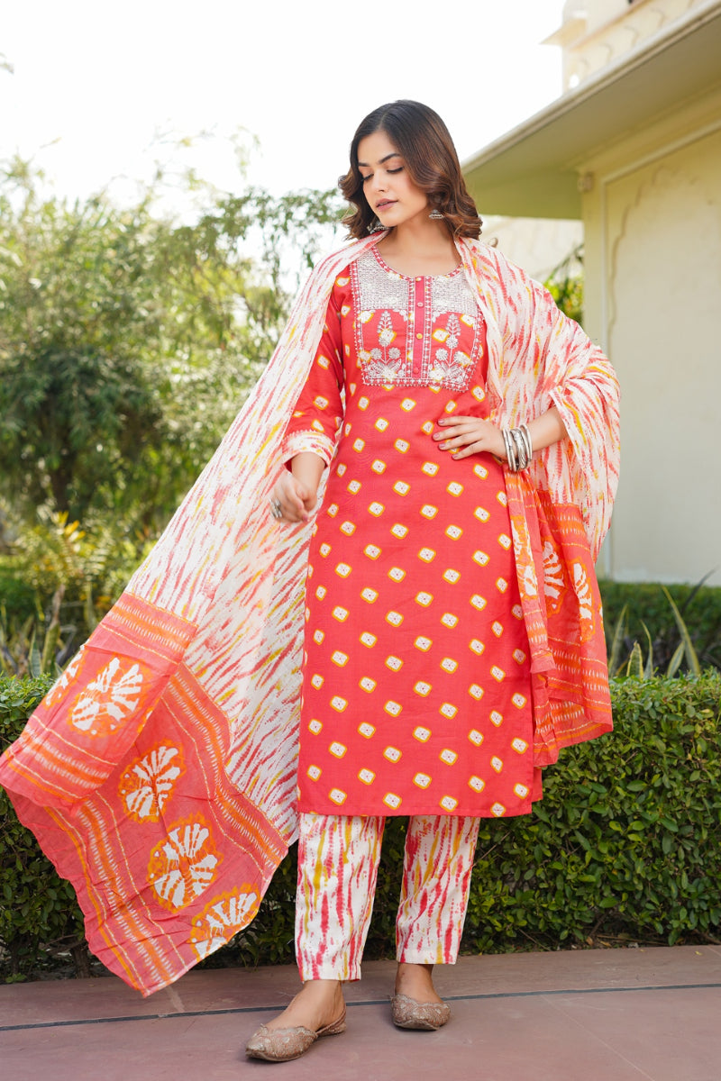 Orange Rayon Blend Bandhani Embroidered Straight Trouser Bottom Suit Set VKSKD2230