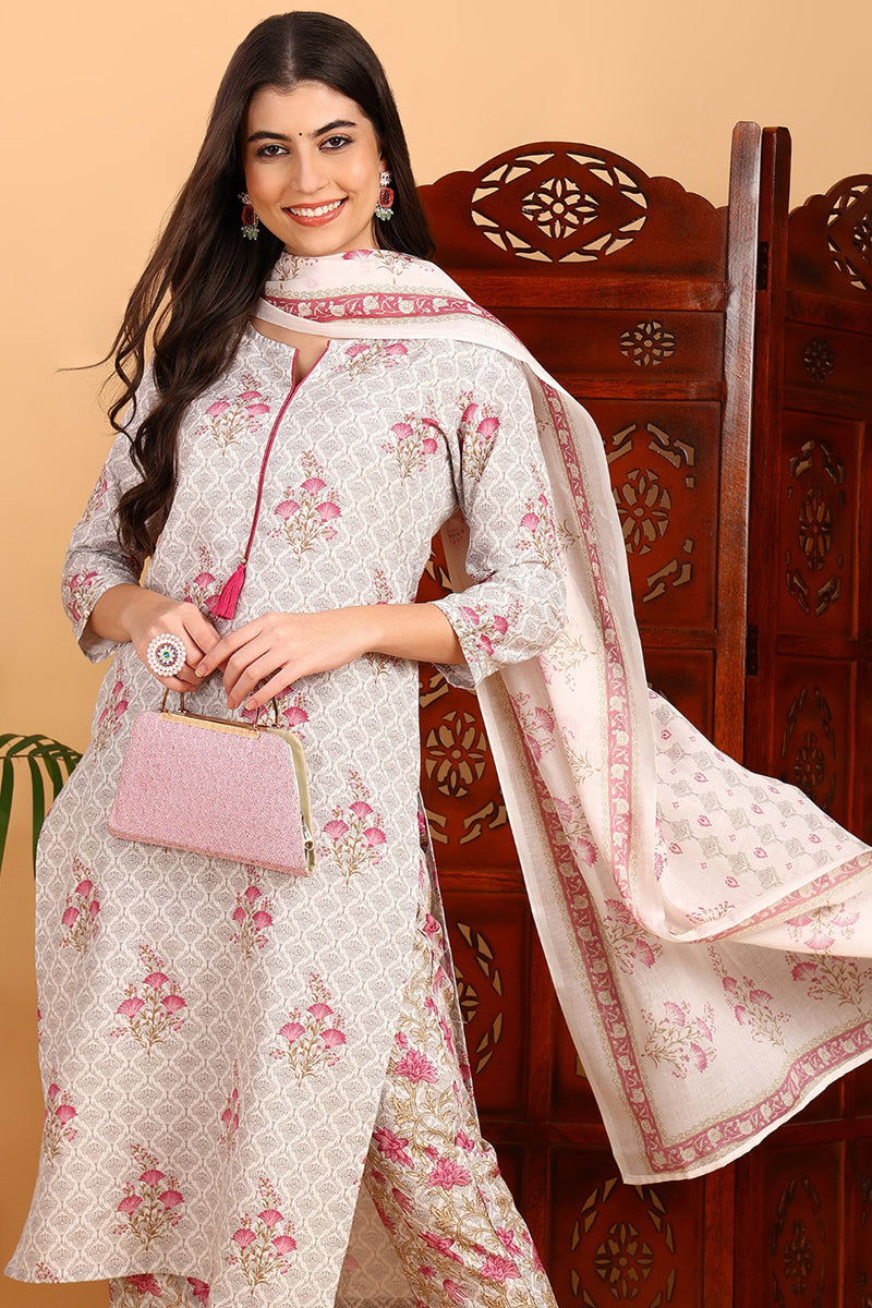 Pink Rayon Blend Floral Straight Printed Suit Set VKSKD2232