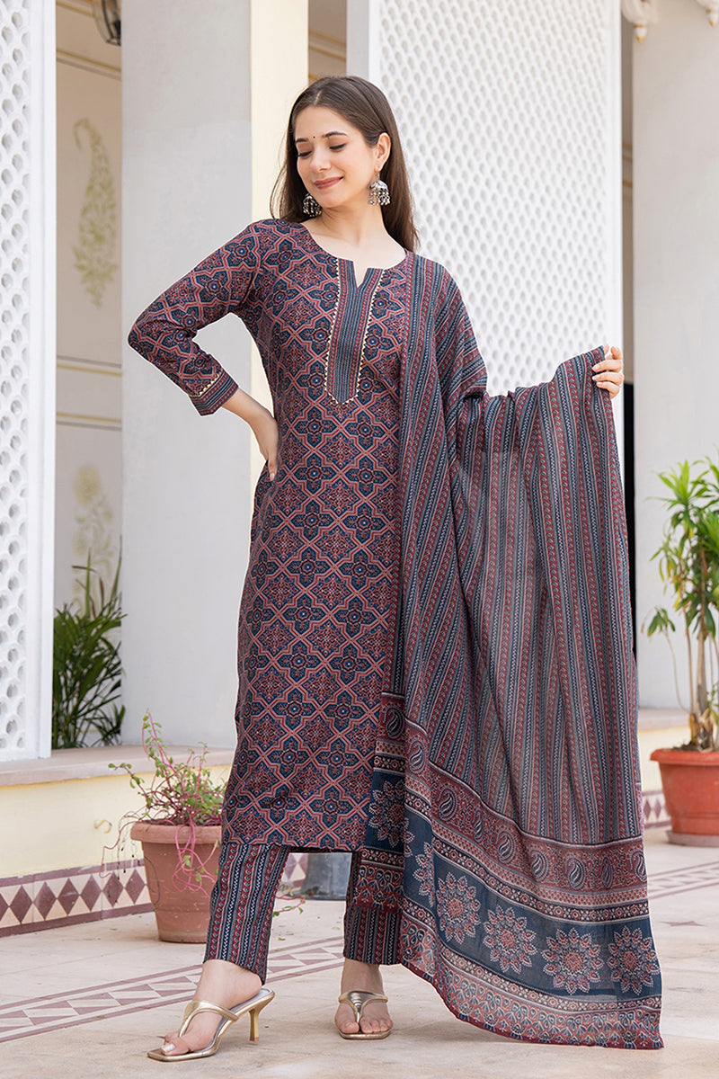 Blue Rayon Blend Ethnic Motifs Printed Straight Trouser Suit Set VKSKD2247