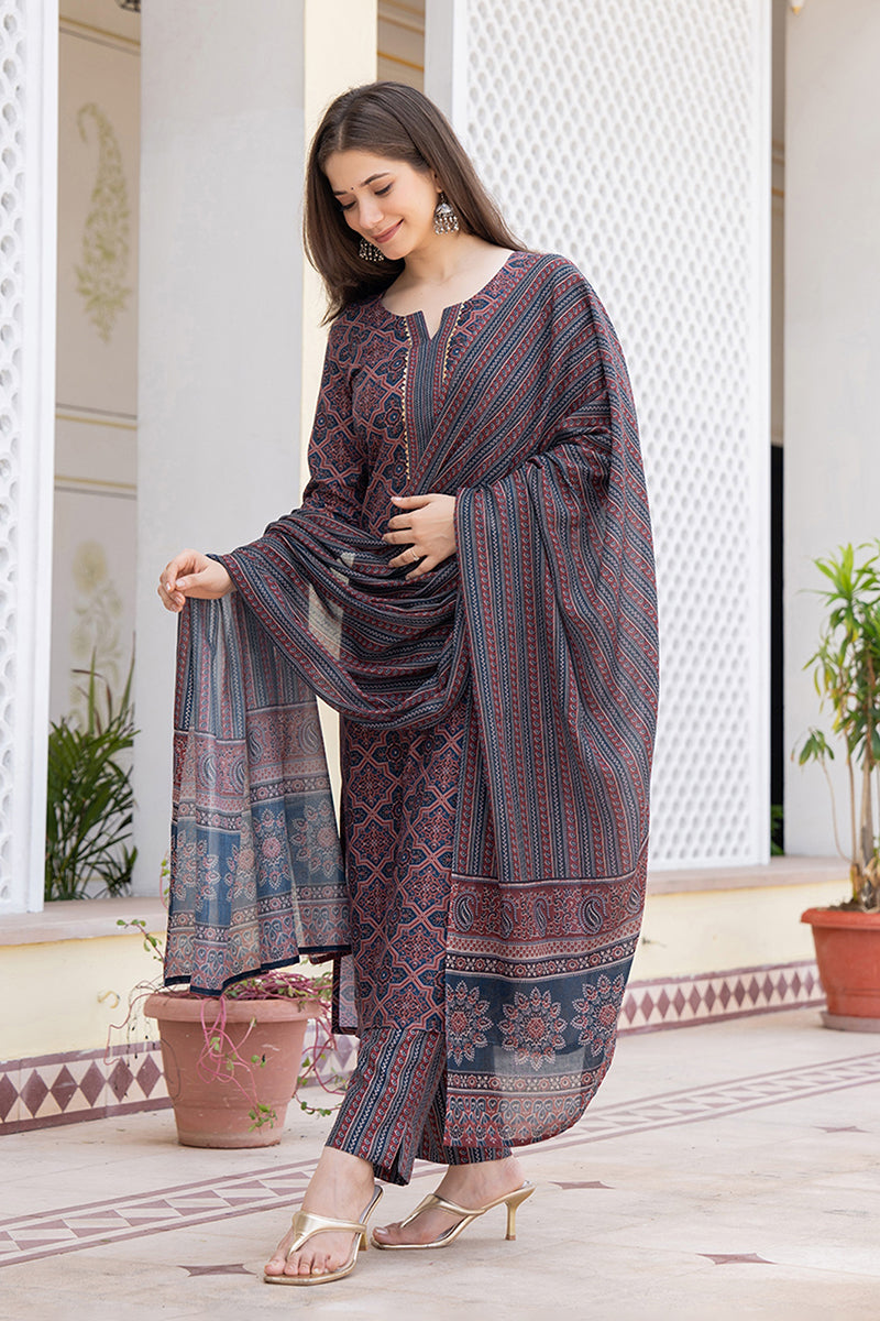 Blue Rayon Blend Ethnic Motifs Printed Straight Trouser Suit Set VKSKD2247