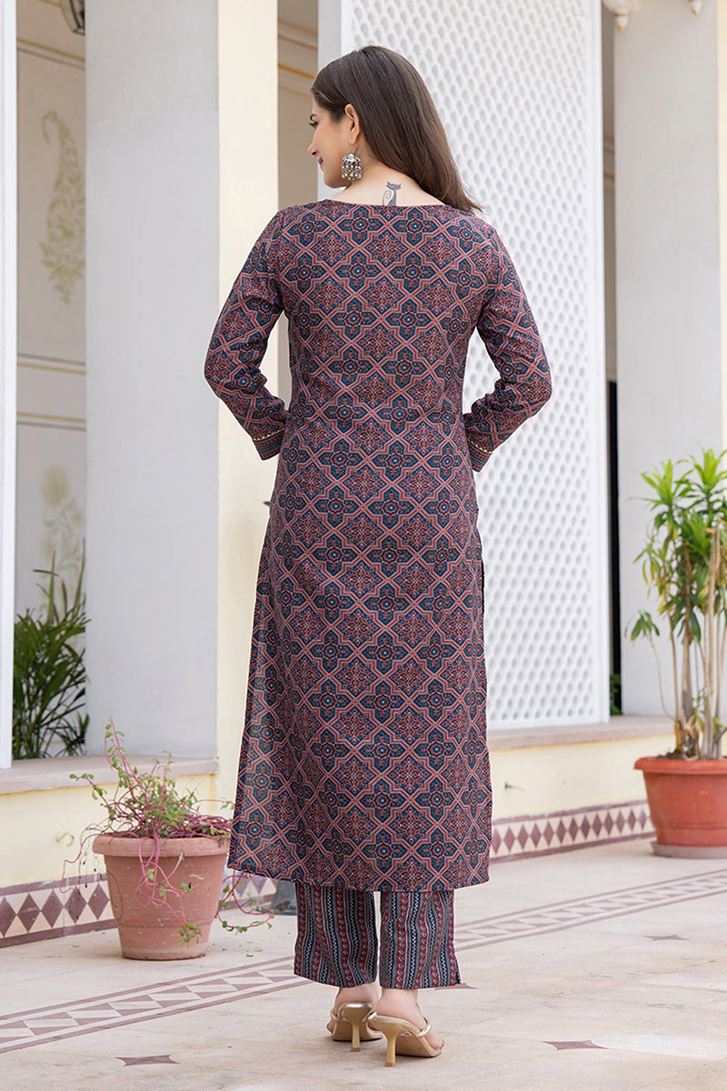 Blue Rayon Blend Ethnic Motifs Printed Straight Trouser Suit Set VKSKD2247