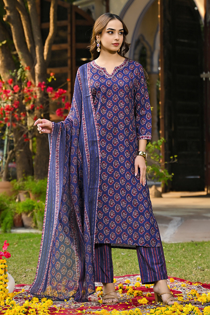 Navy Blue Rayon Blend Floral Printed Straight Trouser Suit Set VKSKD2287