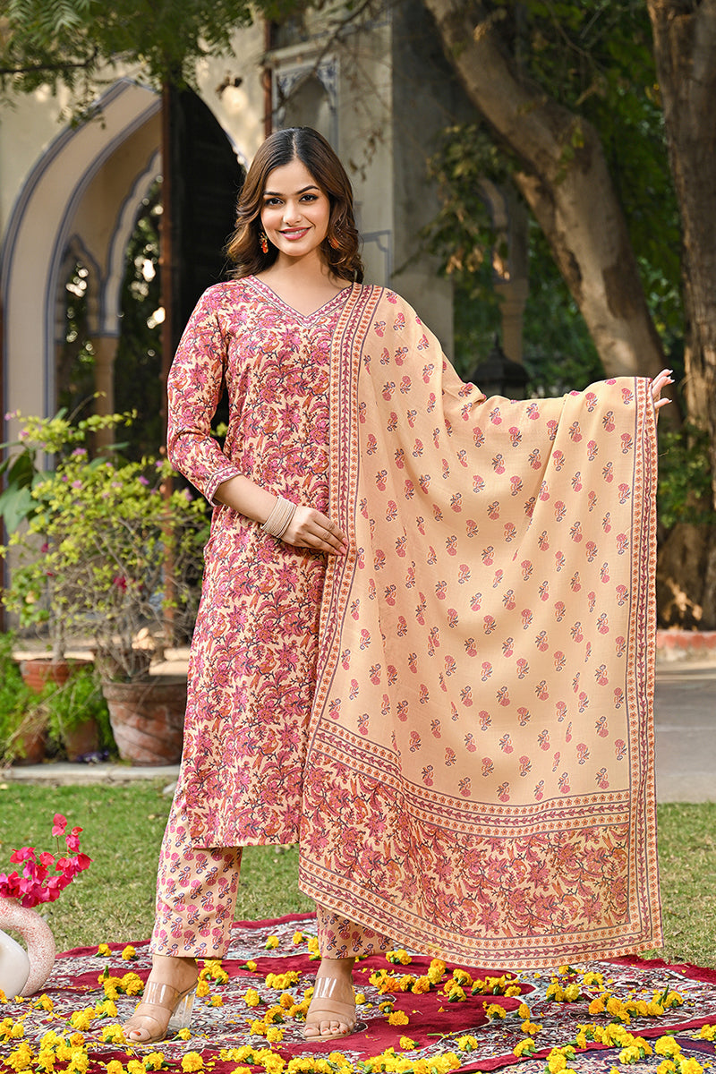 Pink Rayon Blend Floral Printed Straight Kurta Suit Set VKSKD2304