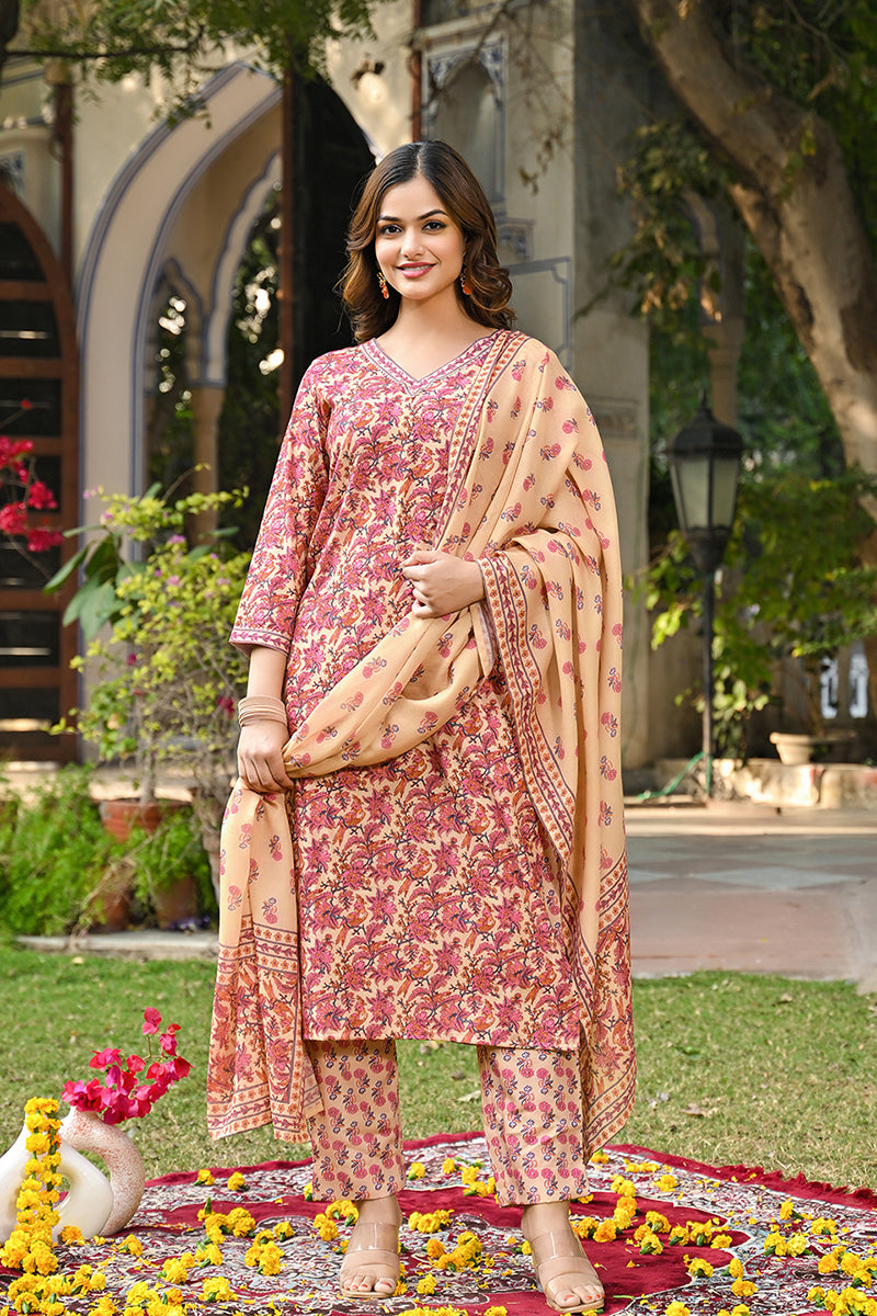 Pink Rayon Blend Floral Printed Straight Kurta Suit Set VKSKD2304
