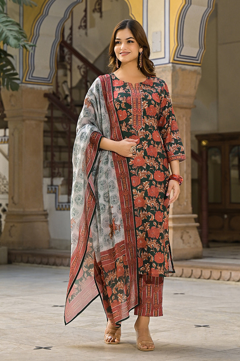 Green Rayon Blend Floral Printed Straight Trouser Suit Set VKSKD2316