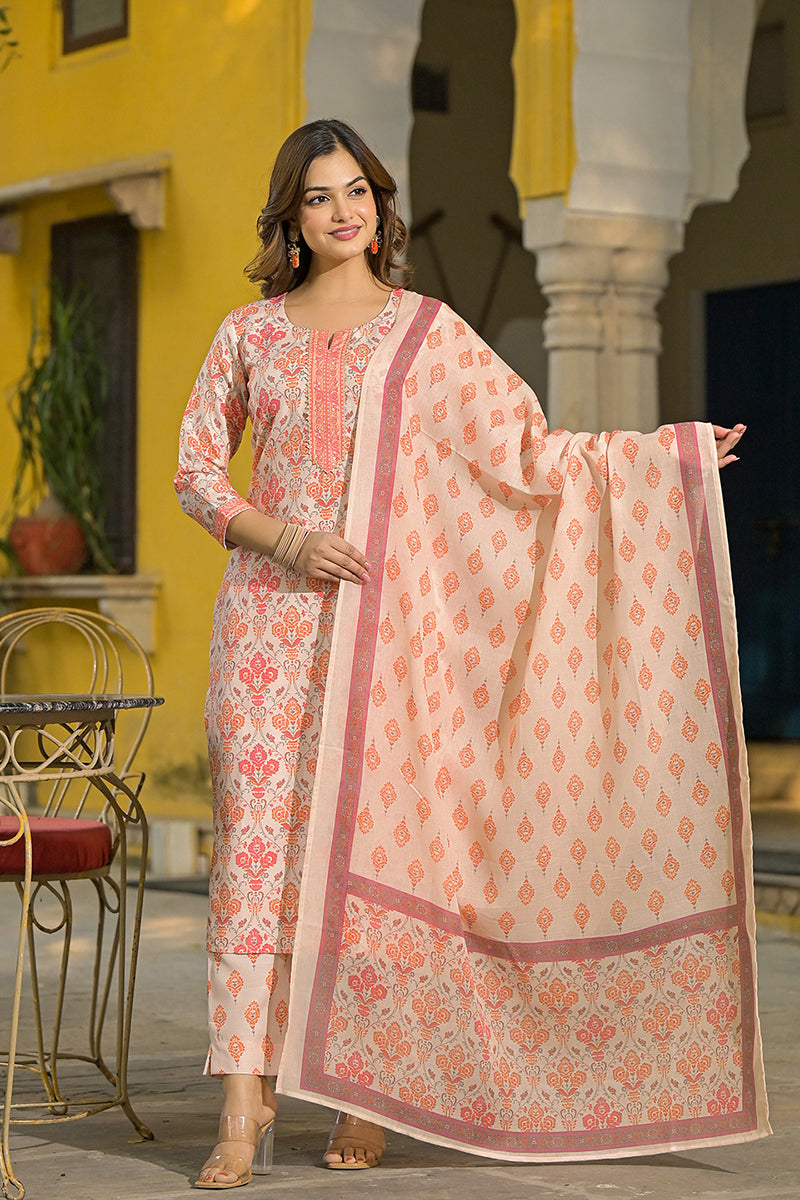 Cream Rayon Blend Floral Printed Straight Kurta Suit Set VKSKD2322