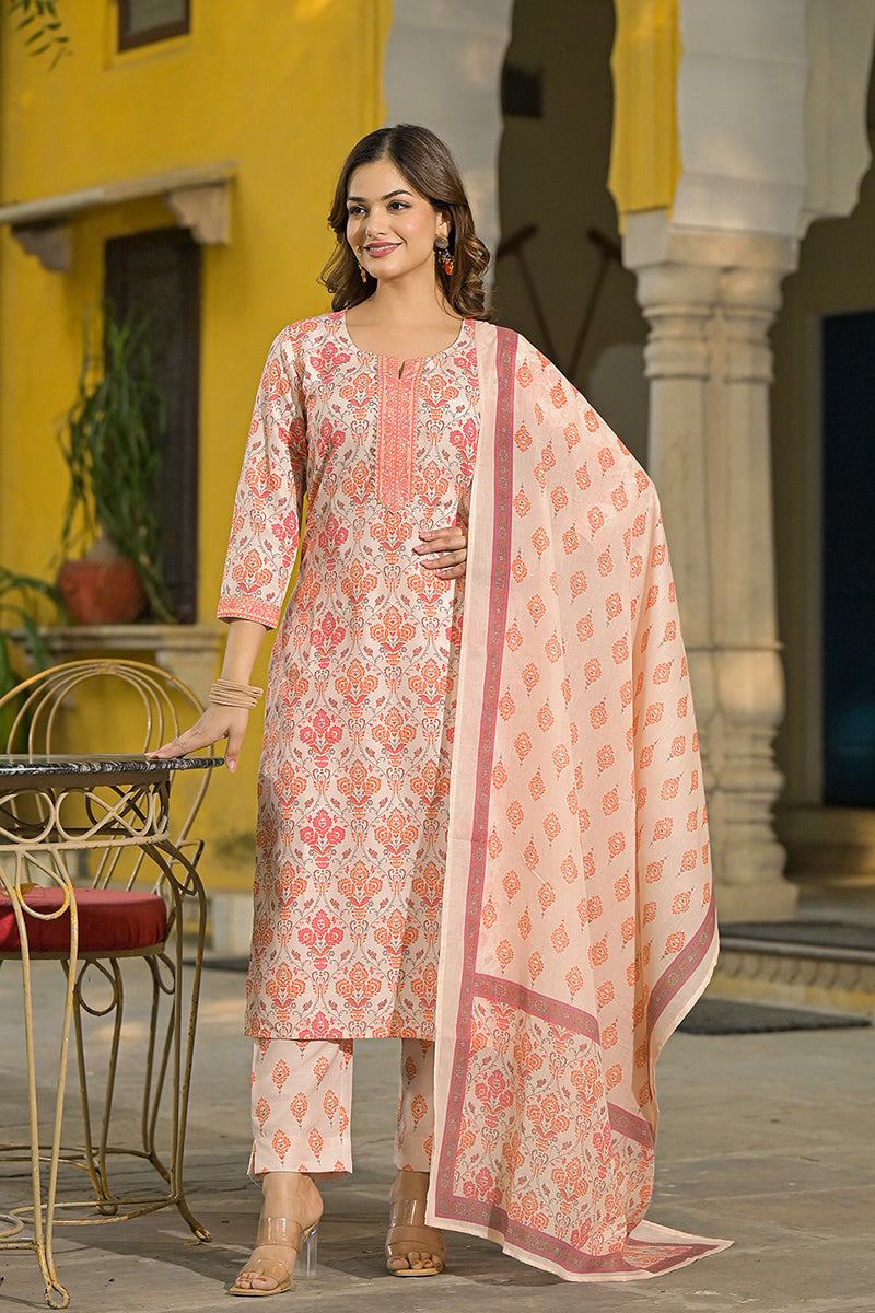 Cream Rayon Blend Floral Printed Straight Kurta Suit Set VKSKD2322
