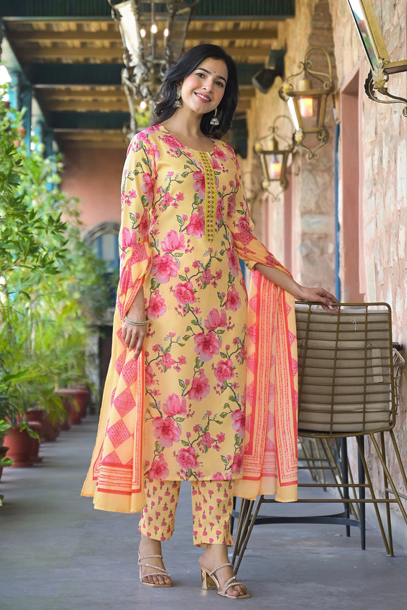 Yellow Rayon Blend Floral Printed Straight Kurta Trousers With Dupatta VKSKD2324