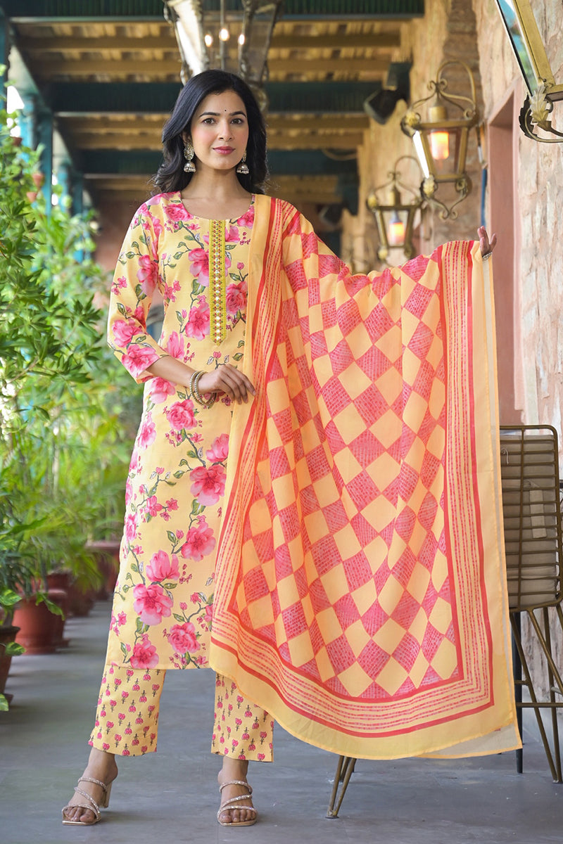 Yellow Rayon Blend Floral Printed Straight Kurta Trousers With Dupatta VKSKD2324