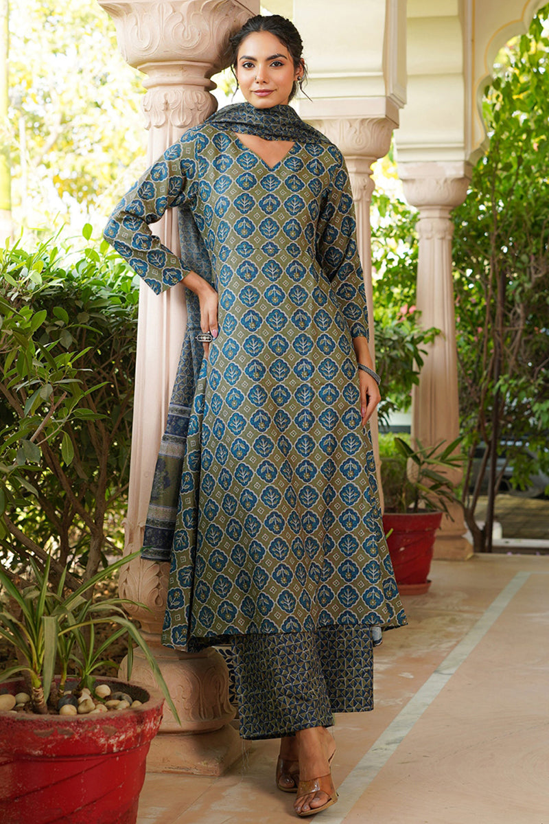 Olive Rayon Blend Floral Printed A-Line Kurta Palazzo With Dupatta VKSKD2329