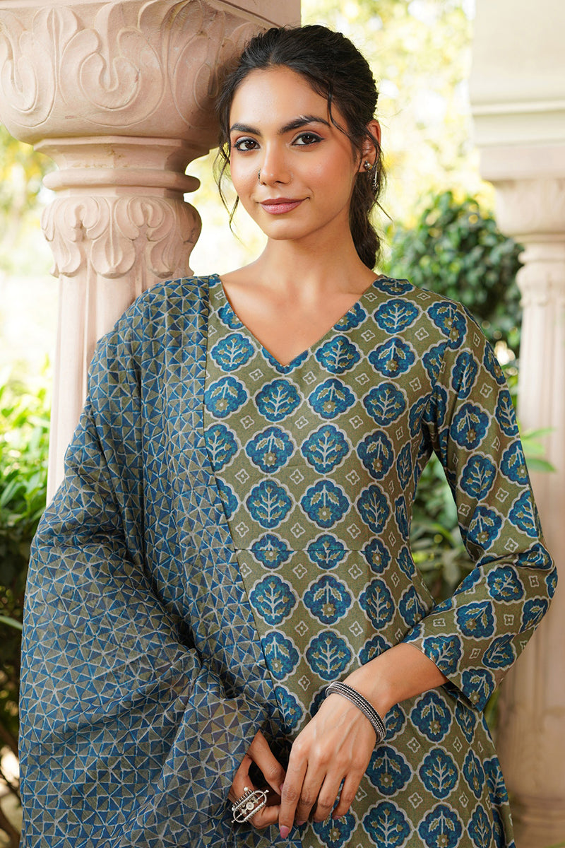 Olive Rayon Blend Floral Printed A-Line Kurta Palazzo With Dupatta VKSKD2329