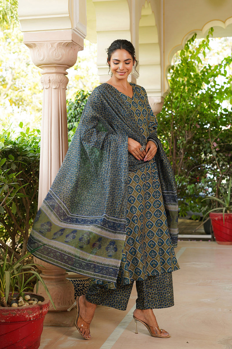 Olive Rayon Blend Floral Printed A-Line Kurta Palazzo With Dupatta VKSKD2329