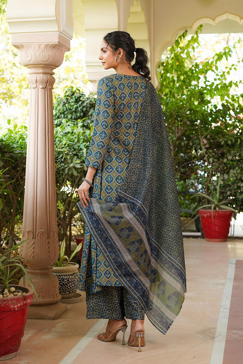 Olive Rayon Blend Floral Printed A-Line Kurta Palazzo With Dupatta VKSKD2329