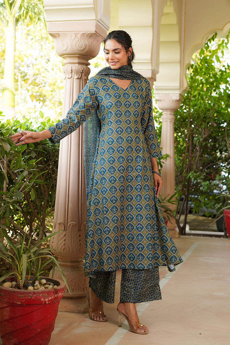 Olive Rayon Blend Floral Printed A-Line Kurta Palazzo With Dupatta VKSKD2329