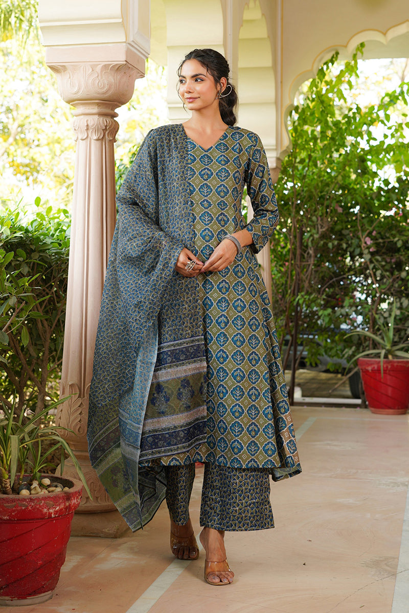 Olive Rayon Blend Floral Printed A-Line Kurta Palazzo With Dupatta VKSKD2329