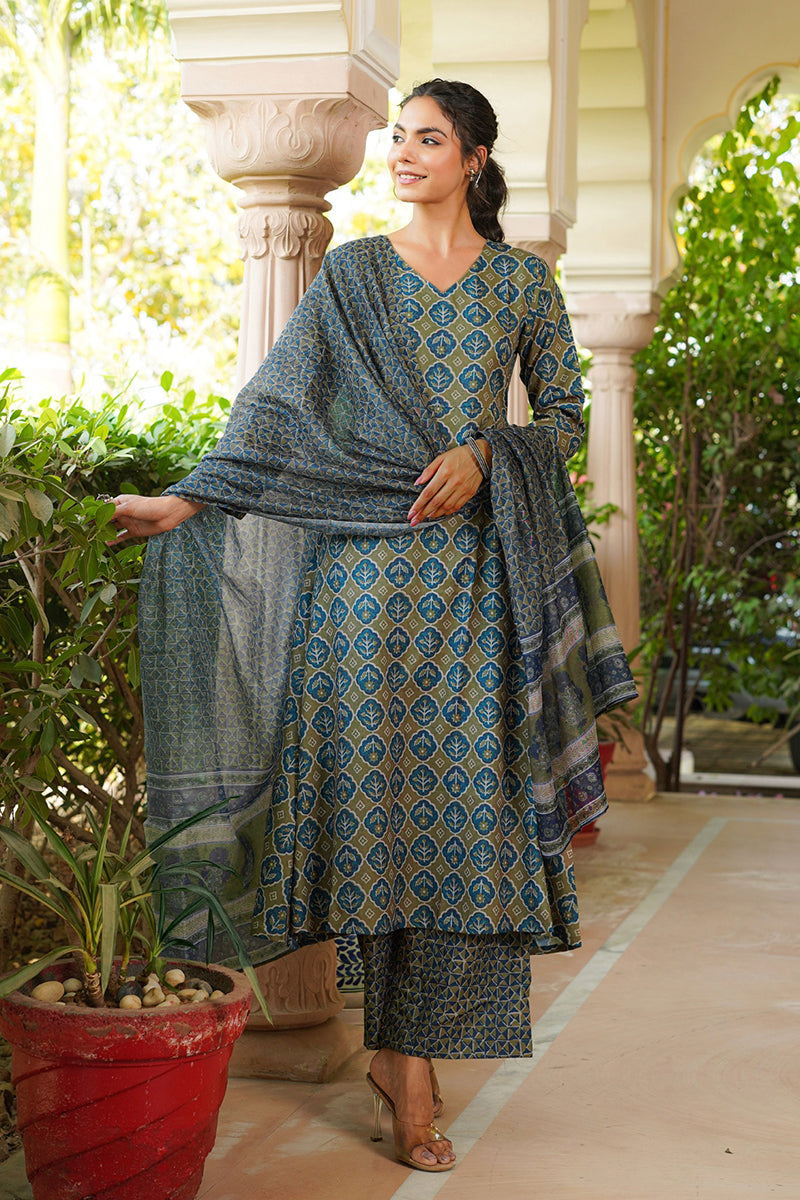 Olive Rayon Blend Floral Printed A-Line Kurta Palazzo With Dupatta VKSKD2329