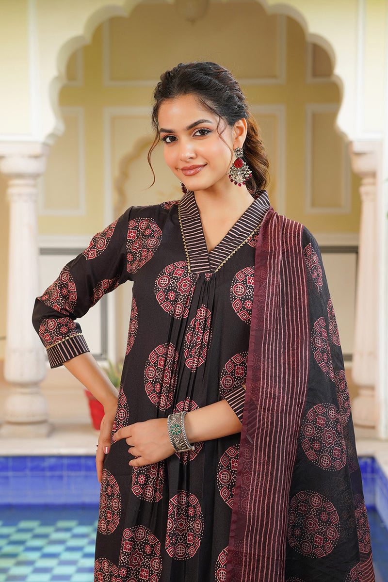 Black Rayon Blend Ajrakh Printed Straight Kurta Trousers With Dupatta VKSKD2333