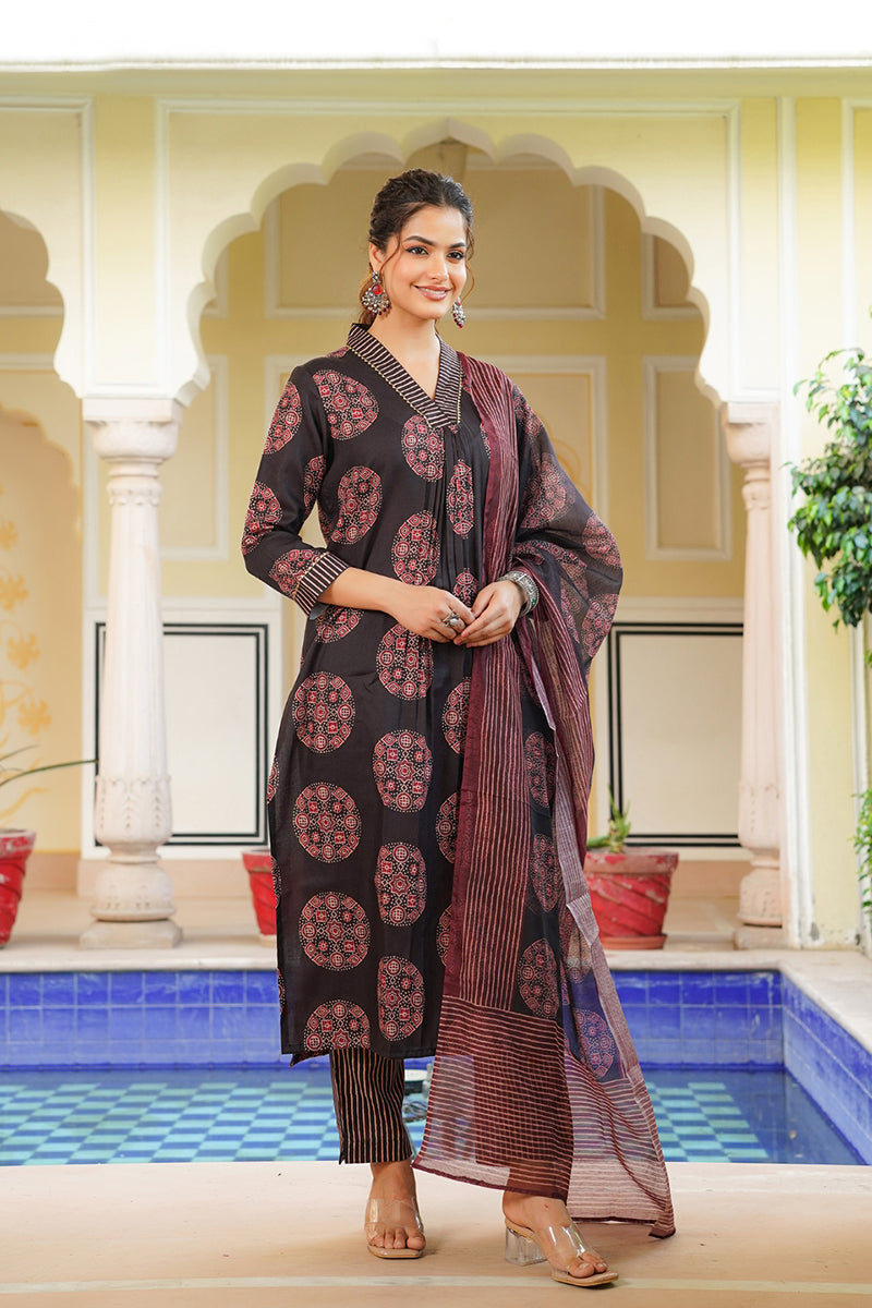 Black Rayon Blend Ajrakh Printed Straight Kurta Trousers With Dupatta VKSKD2333