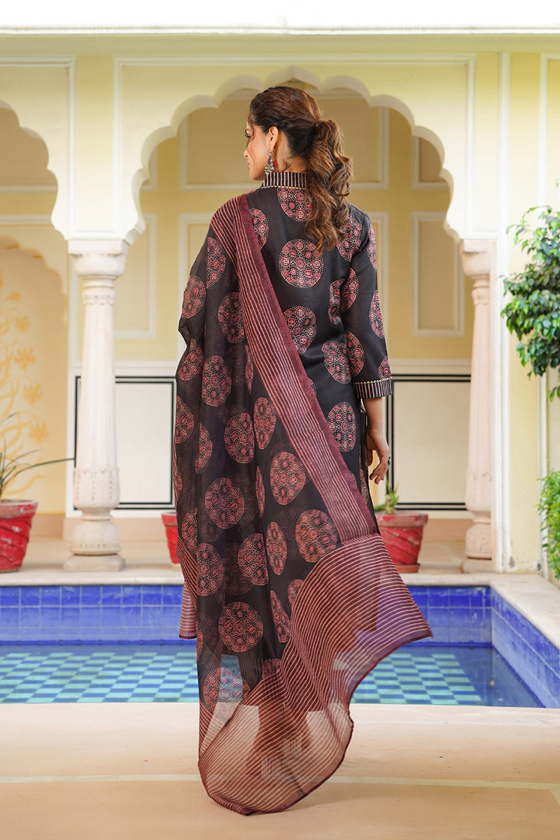 Black Rayon Blend Ajrakh Printed Straight Kurta Trousers With Dupatta VKSKD2333